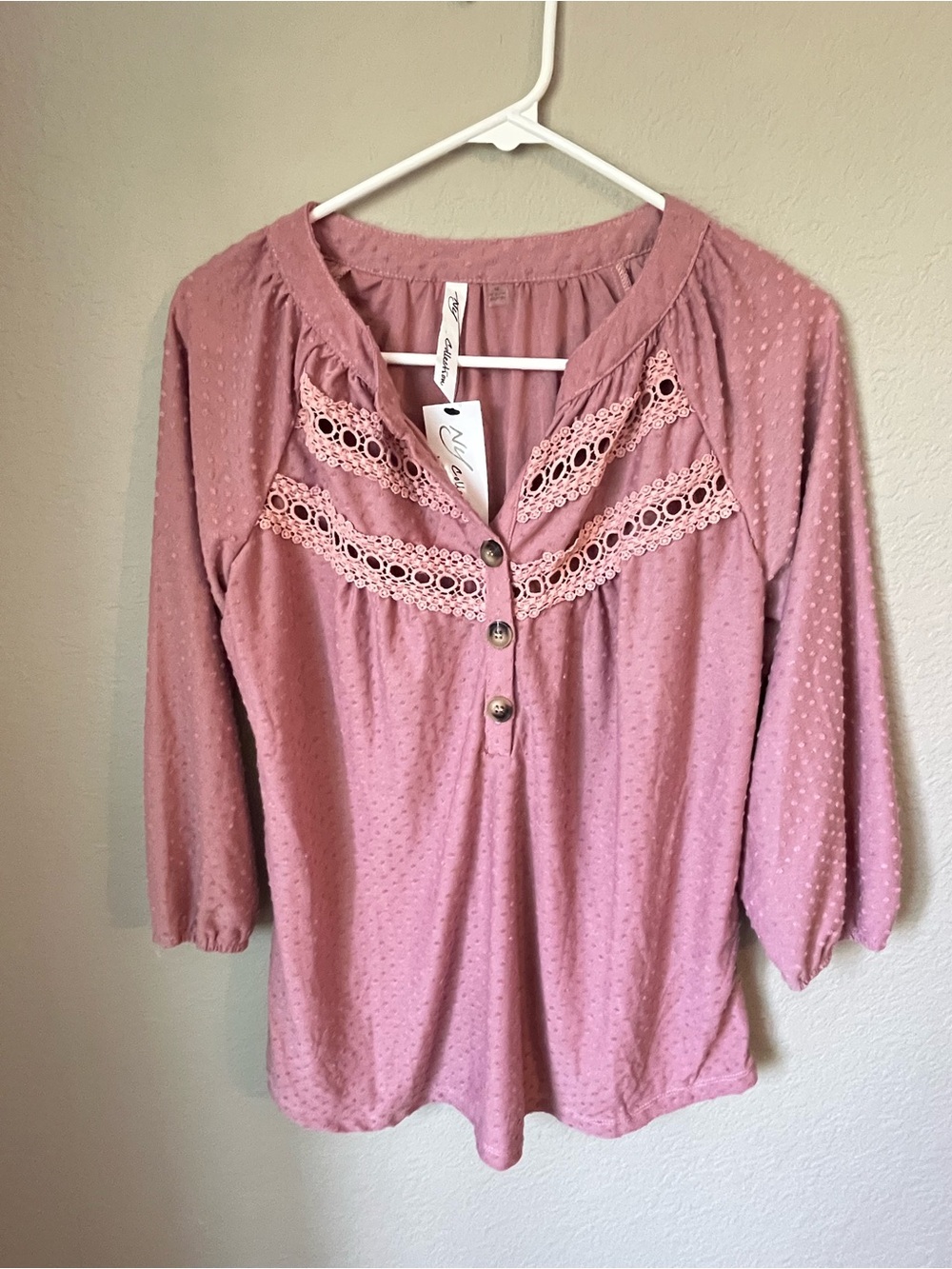 NY Collection Dusty Rose Swiss Dot Lace Boho Blouse Cottagecore NWT Medium M